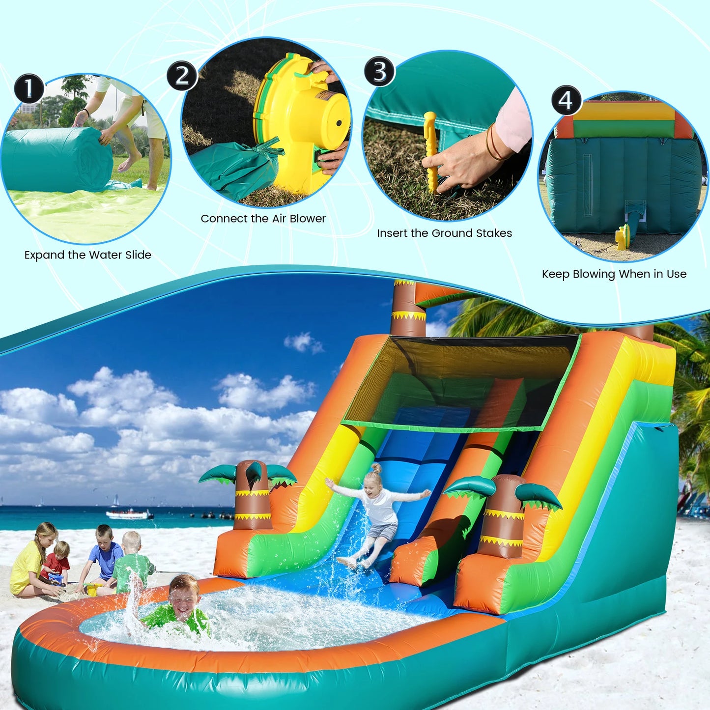 21FT Commercial Inflatable Bounce House Tropical Water Slide Pool 750w Blower Children's playground, children's toys