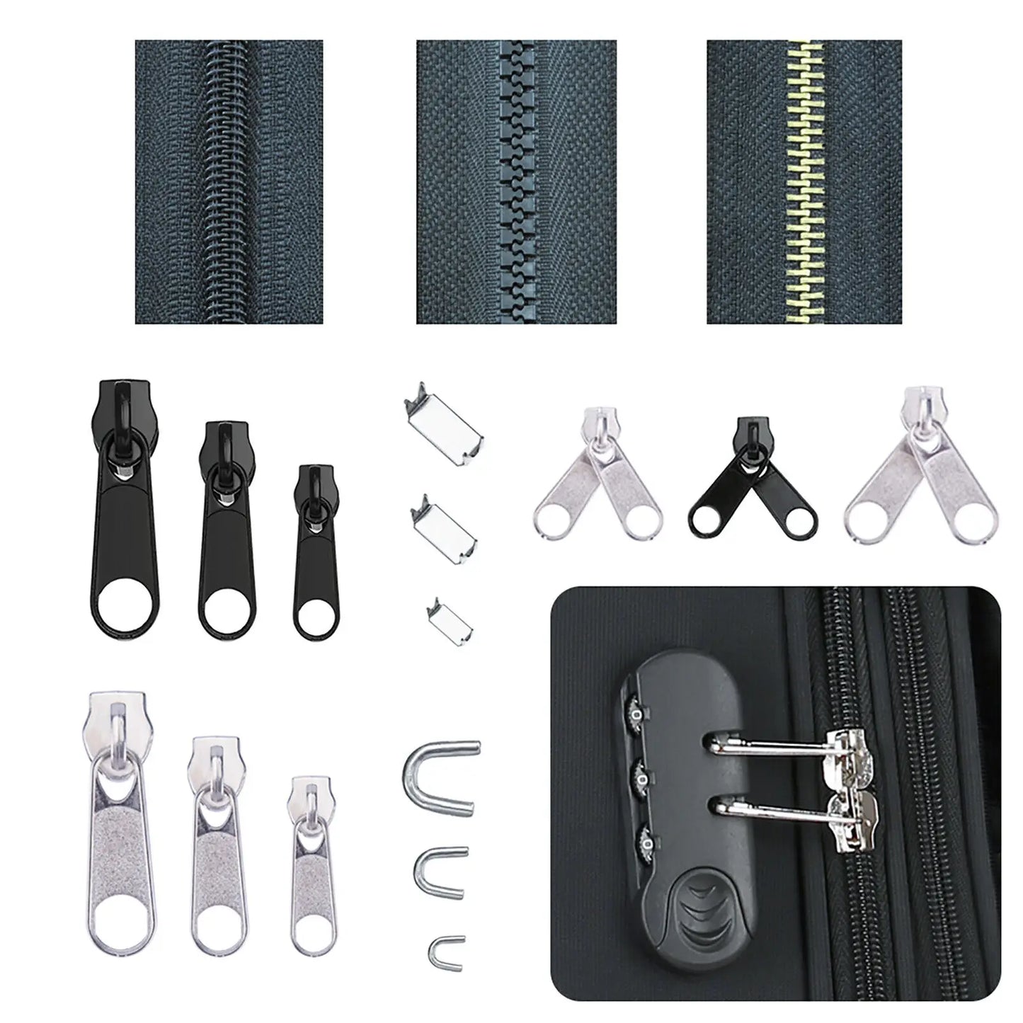 85Pack Metal Zippers Repair Kit Sets Zipper Repair Replacement Kit Easy Fix Zipper Slider Head Puller Accessories Tools