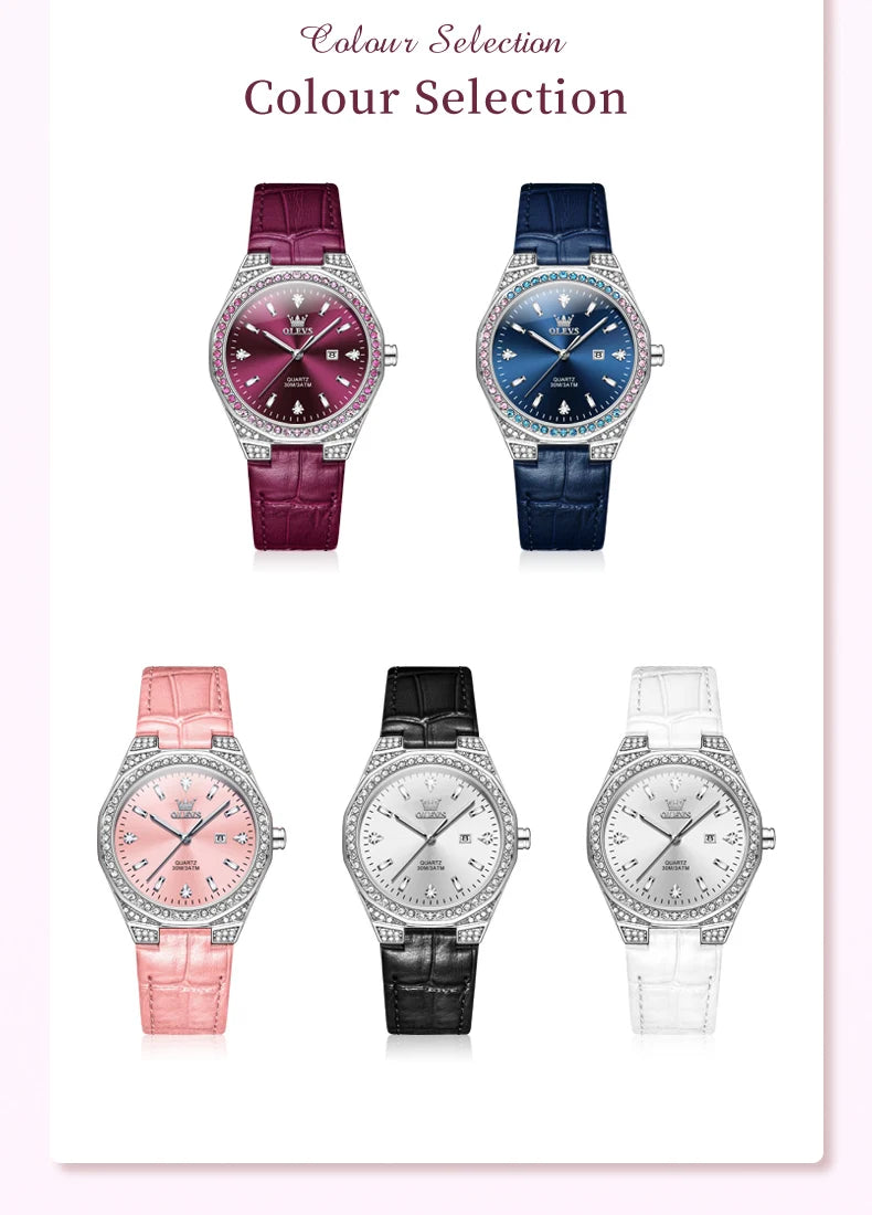 OLEVS Original Women's Watches Diamond Lap Fashion Leather Strap 3m Waterproof Luminous Ladies Wristwatch Quartz Watch for Women