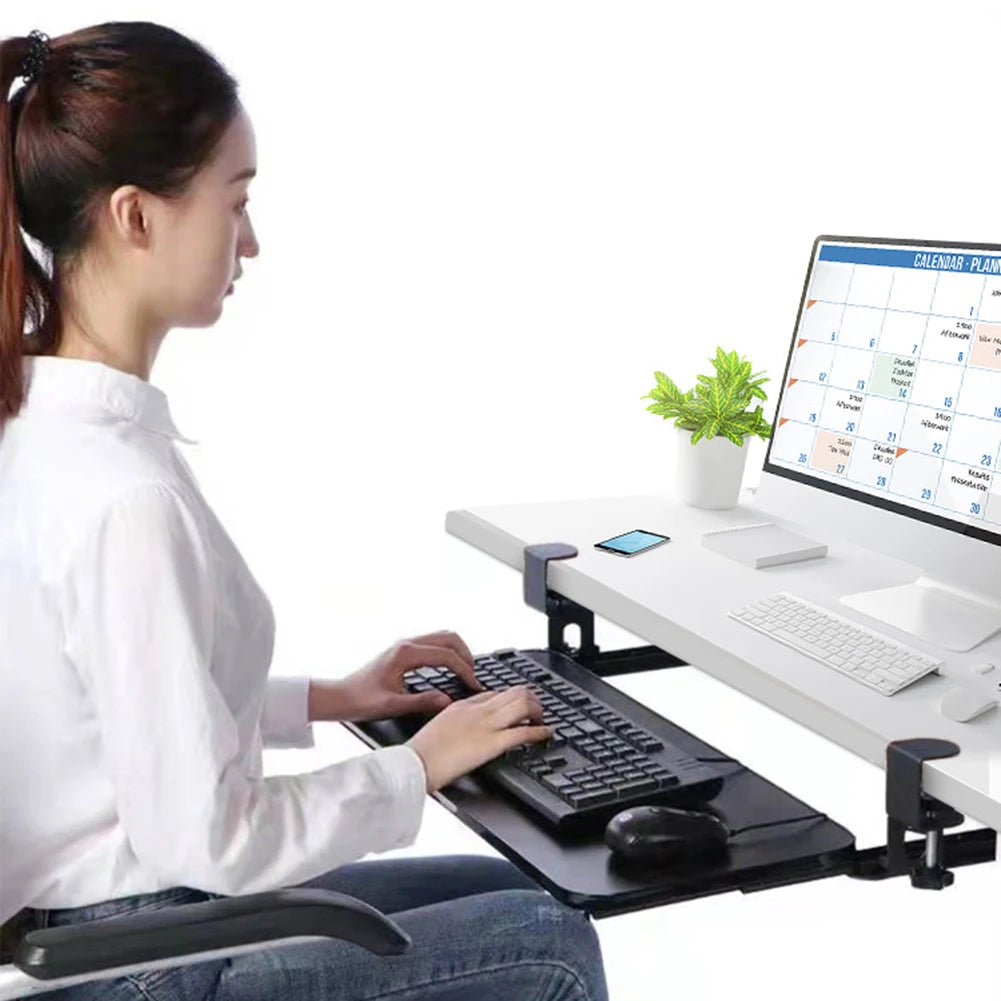 Ergonomic Clamp-On Keyboard Tray Sliding under Desk Platform Retractable Computer Desk Organizer Office Keyboard Drawer