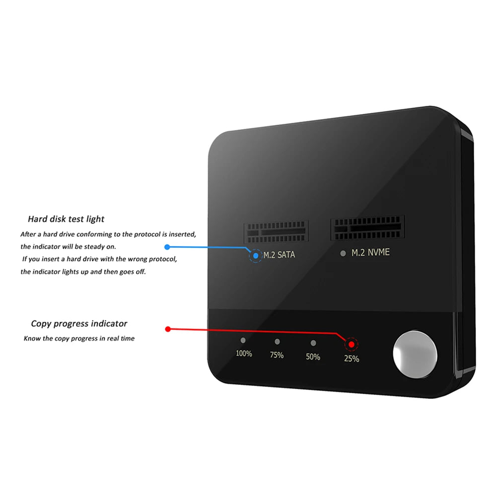 M.2 SATA/NVMe Dual-Bay Hard Drive Docking Station Clone Duplicaotr Offline Clone M.2 Cloner Data Transmission with LED Indicator