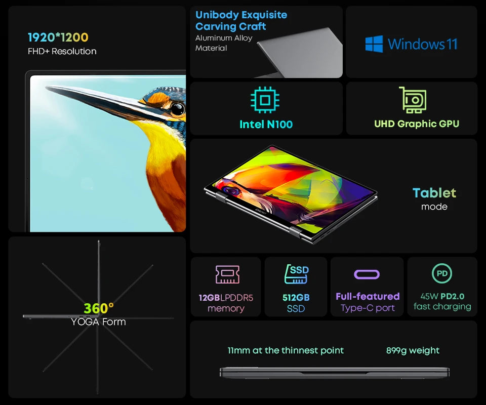 CHUWI MiniBook X 2-in-1 Laptop Intel N150(up to 3.6GHz) 512GB ROM 16GB LPDDR5 10.51" 2K FHD IPS Windows 11 Touch Screen Laptop