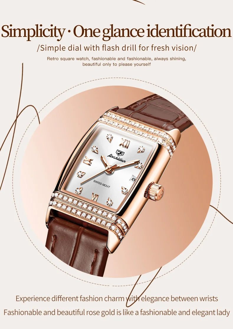 JSDUN Woman Watch Luxury Diamond Dial Comfortable Leather Watchband Fashion Square Rose Gold Quartz Wristwatches Montre Femme