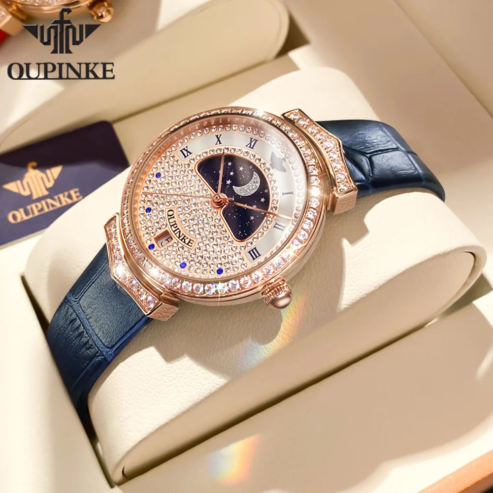 OUPINKE 3216 Woman Watch Waterproof Roman Scale Moon Phase Quartz Watch For Women Luxury Original Diamond Date Ladies Hand Clock
