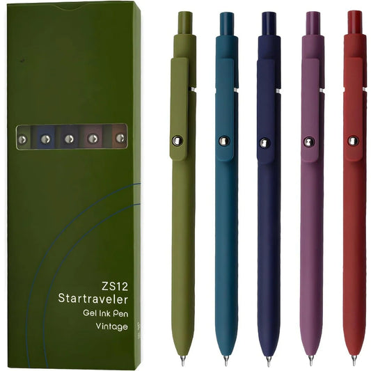 Gel pen, 5 0.5mm black ink pens, silicone grip, high-end series metal clip retractable pen (vintage)