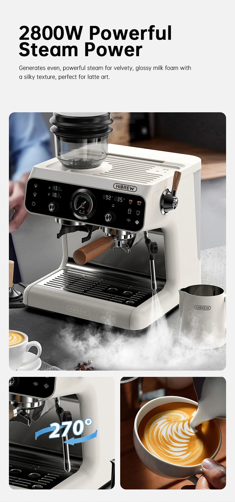 HiBREW Upgraded Dual Boiler Barista Pro Espresso Machine Built-in Grinder With 30 Size Settings for Cafe Hotel Restaurant H7B