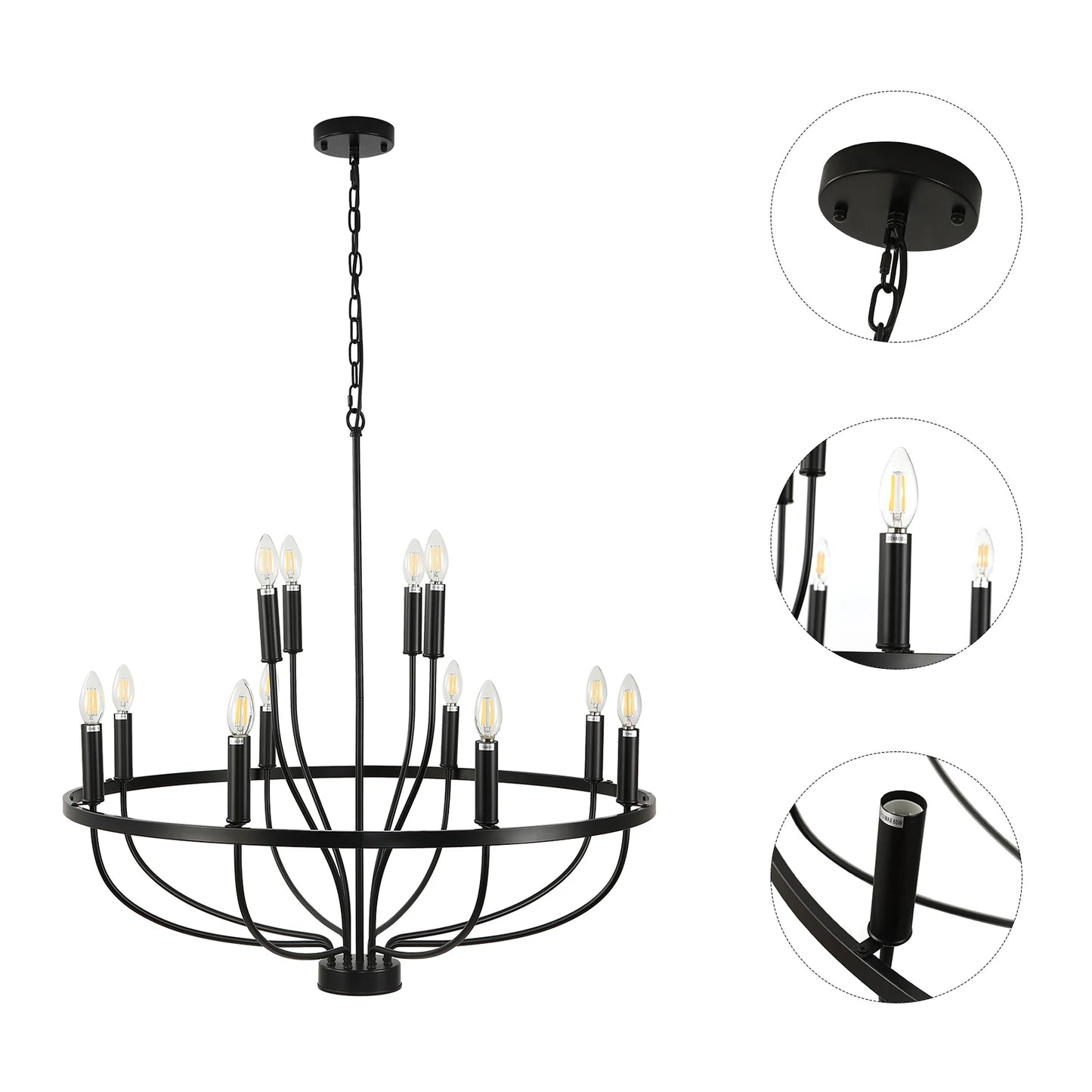 12-Light Black Chandelier Diam 33.46 Inch, Farmhouse Industrial Country Style Large Round Pendant Light Fixture for Dining Room