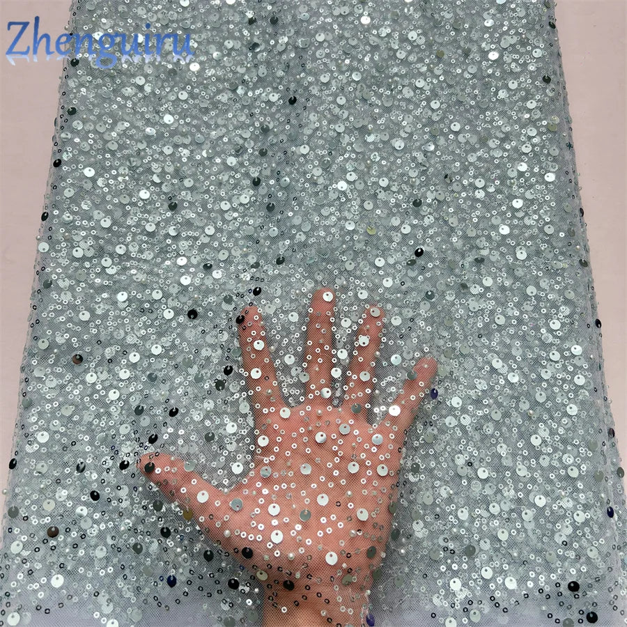 2025 French Tulle Lace Fabric African Heavy Silver Sequins Lace Fabric High Quality For Bridal Dress Luxury Evening Dress A3490