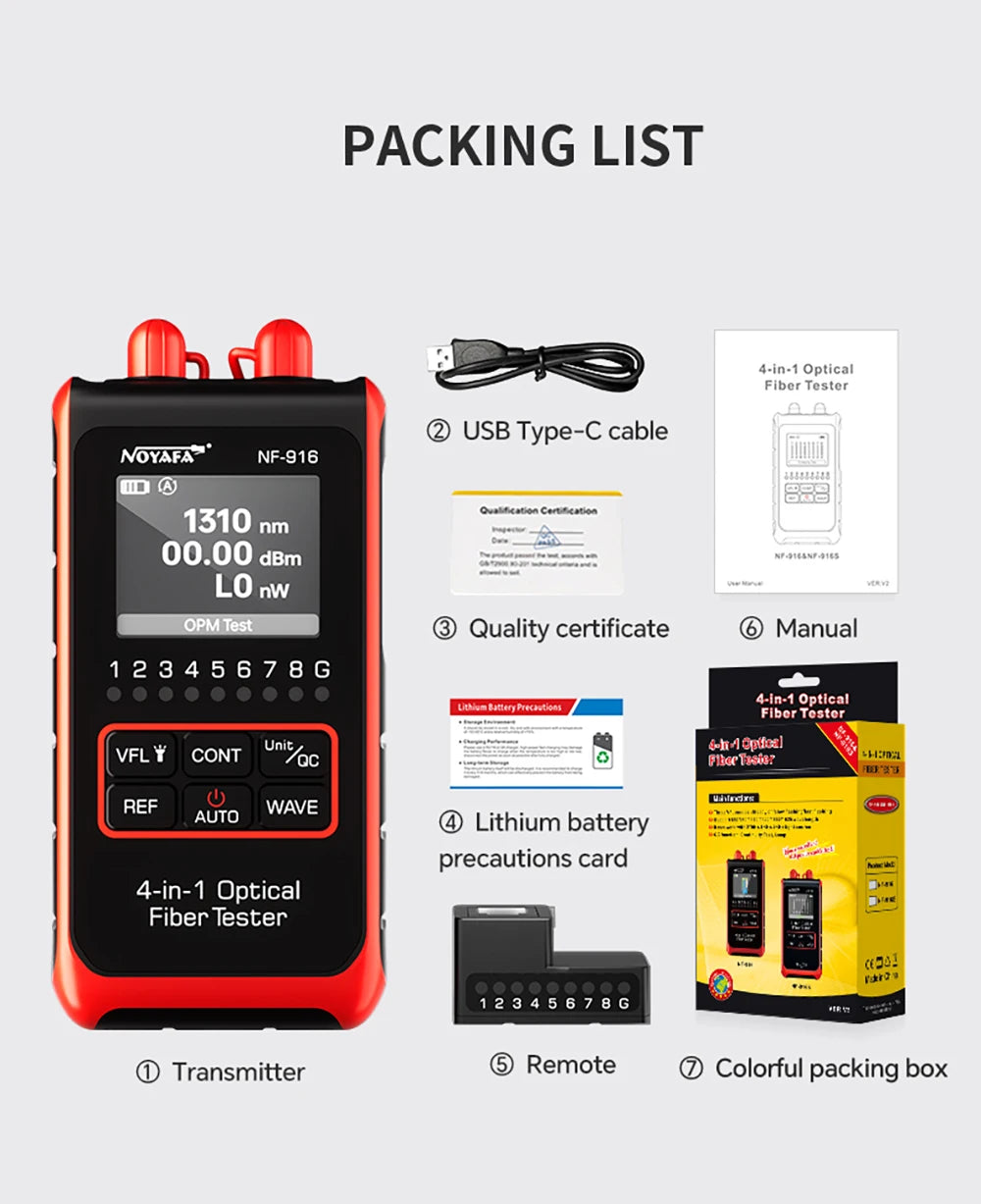 NOYAFA NF-916 4 In 1 Optical Fiber Tester Optical Power Meter VFL REF FC SC ST Visual Fault Locator LCD Display Network Tools