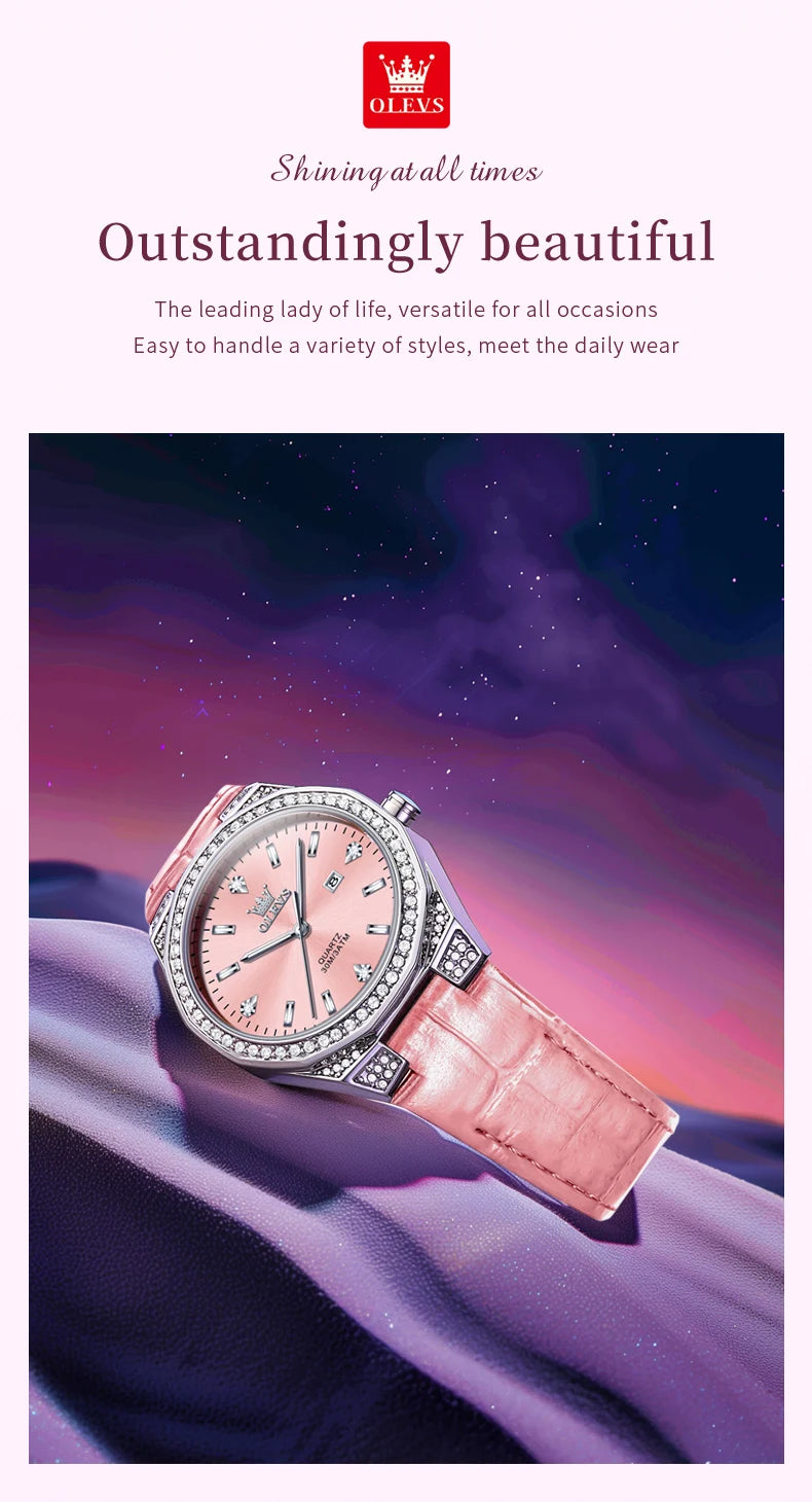 OLEVS Original Women's Watches Diamond Lap Fashion Leather Strap 3m Waterproof Luminous Ladies Wristwatch Quartz Watch for Women