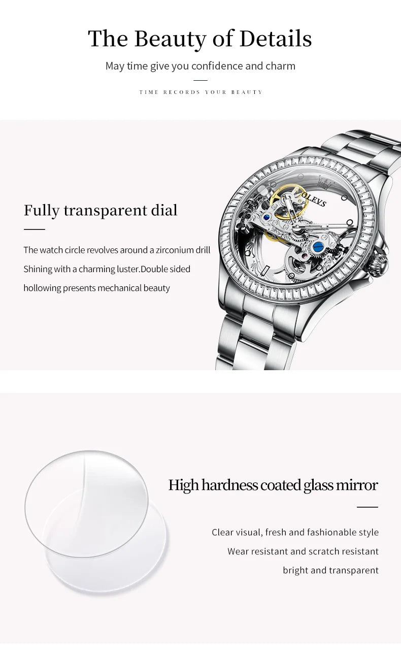 OLEVS 6699 Automatic Mechanical Women's Watch Transparent 40mm Big Dial Design Bracelet Watch Set Gift Luxury Watch for Women