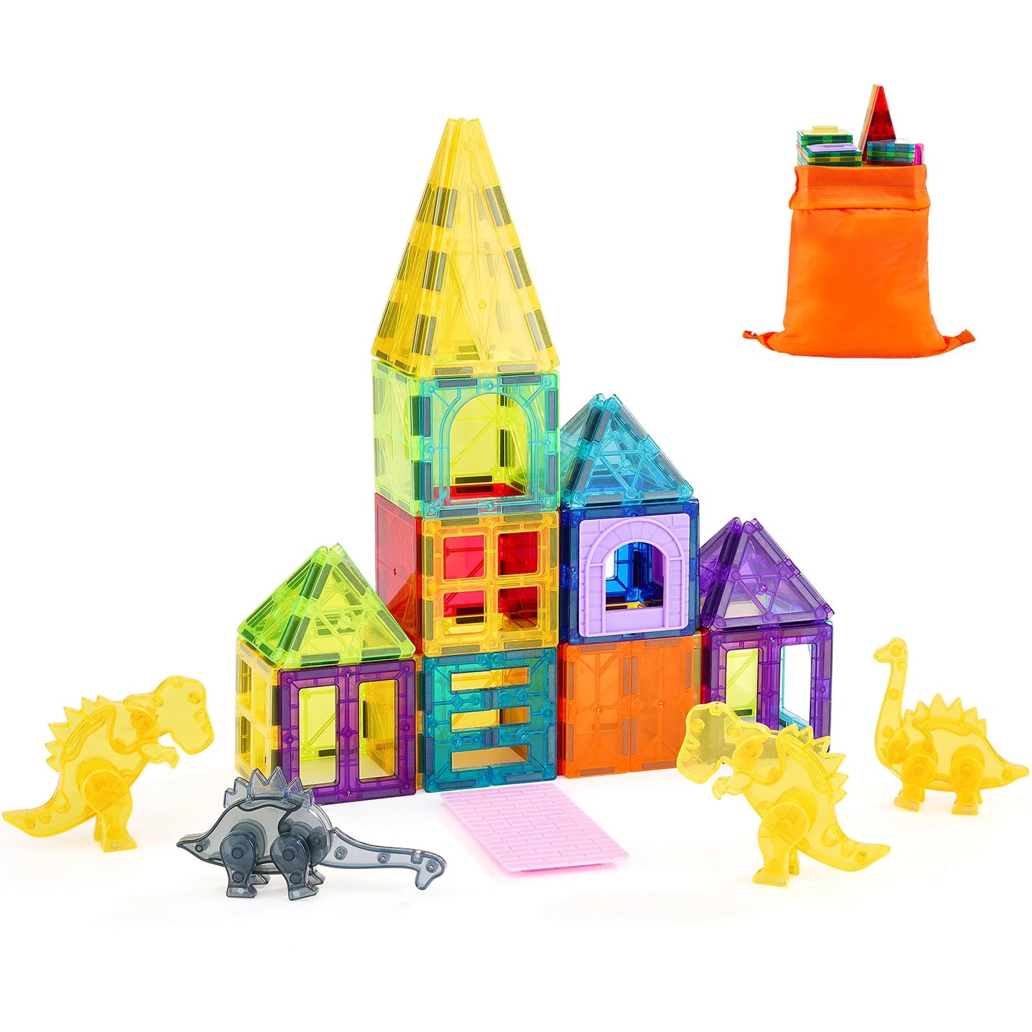 SucceBuy 56PCS Magnetic Tiles Magnet Building Blocks with 4 Dinosaurs Construction Stacking Stem Educational Toys for Kids