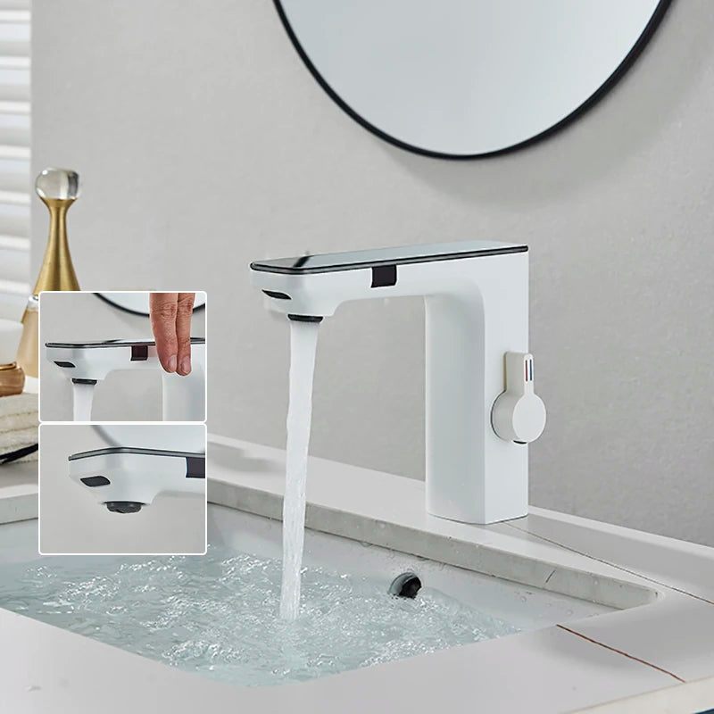 Luxury Silver Gray Smart LCD Daul Sensor Bathroom Basin Faucet Zinc Alloy Deck Mount Cold Hot Water Mixer Bathroom Sink Tub Tap