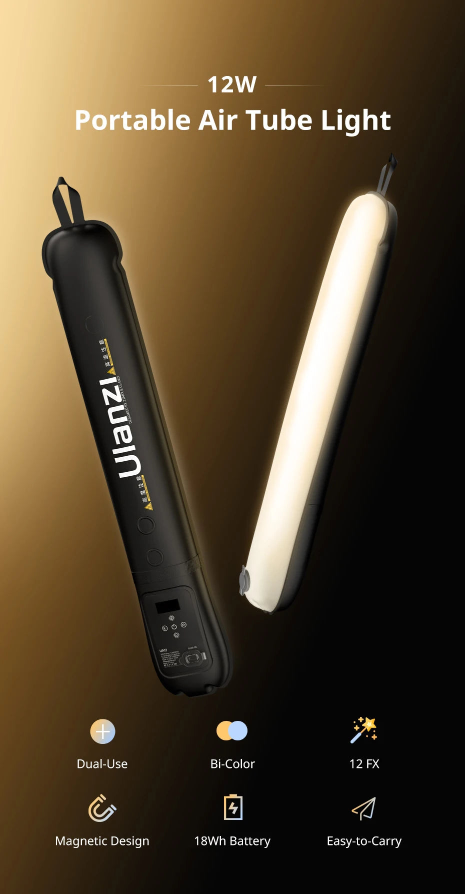 Ulanzi UA12 12W Inflatable Air Tube Light 2700K-6500K Bi-Color Light Wand Pocket Light Stick with Magnetic Mount for Livestream