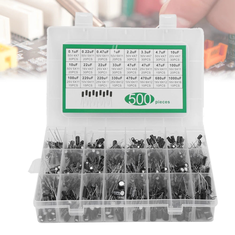 500Pcs 24 Values 16-50V 0.1-1000uF Metal Electrolytic Capacitors Assortment Box Kit Assorted Assortment Kit Bypass Low Frequency