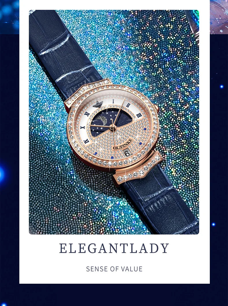 OUPINKE 3216 Woman Watch Waterproof Roman Scale Moon Phase Quartz Watch For Women Luxury Original Diamond Date Ladies Hand Clock