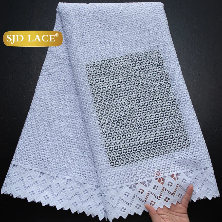 SJD LACE African Sequins Guipure Cord Lace Fabrics 5 Yards White 2026 New Nigerian Water Soluble Lace For Women Dresses Sew 4197