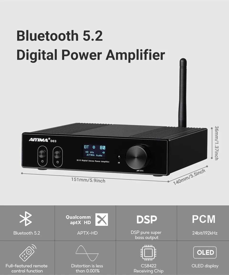 AIYIMA D03 Bluetooth Amplifier 150Wx2 Stereo HiFi Sound Amplificador Subwoofer Amplifiers USB DAC OLED APTX DIY 2.1 Home Audio