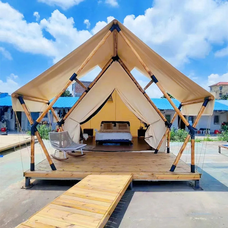 Triangle Design Glamping House Wooden Frame 4 Season Camping Wind Resistant Shelter For Restaraunt Backyard Garden Resort Event