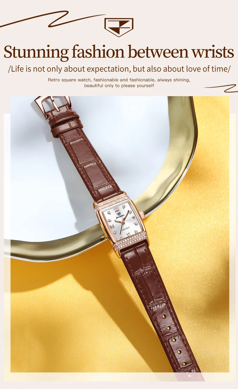 JSDUN Woman Watch Luxury Diamond Dial Comfortable Leather Watchband Fashion Square Rose Gold Quartz Wristwatches Montre Femme