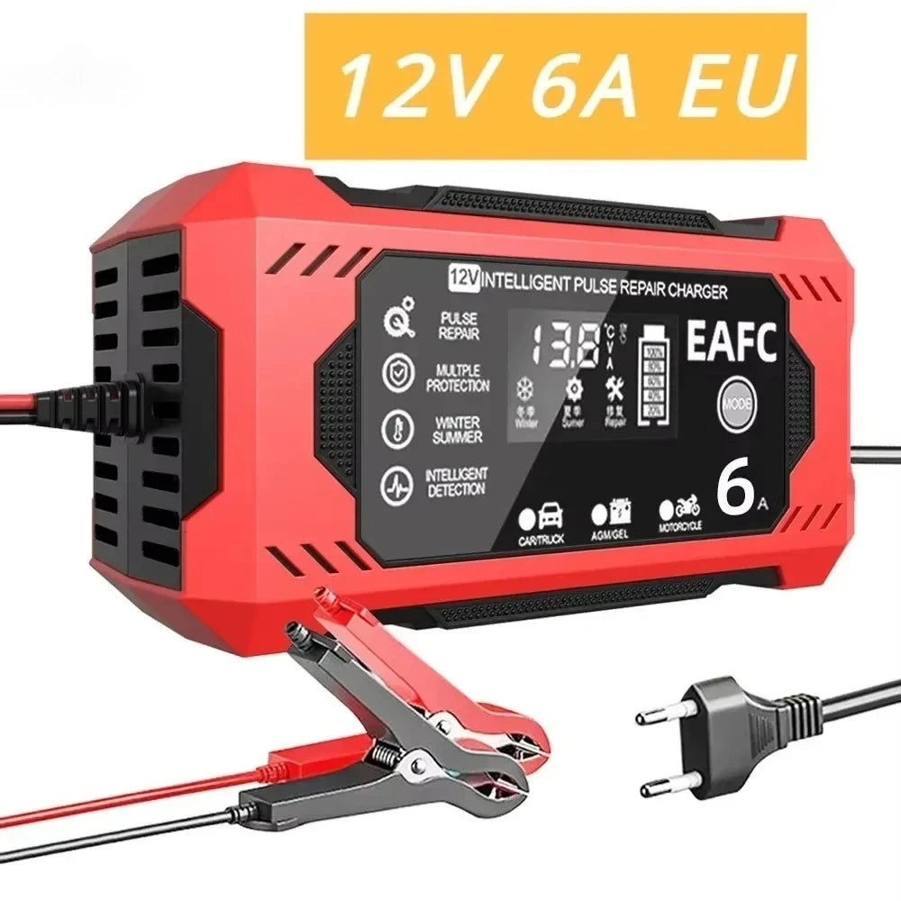 EAFC 12V 10A Car Battery Charger 6A Full Smart Charger Pulse Repair LCD Display Fast Charging Car Motorcycle AGM Gel Wet
