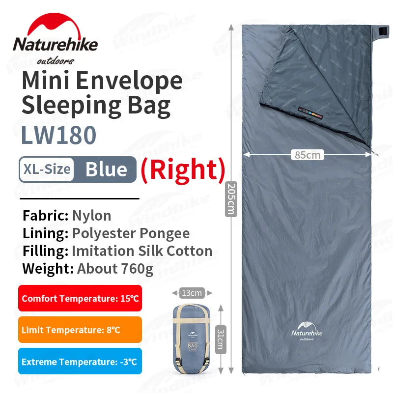 Naturehike LW180 Camping Sleeping Bag Ultralight Spring Summer Cotton Sleeping Bag for Single Couple Tourist Hiking Waterproof