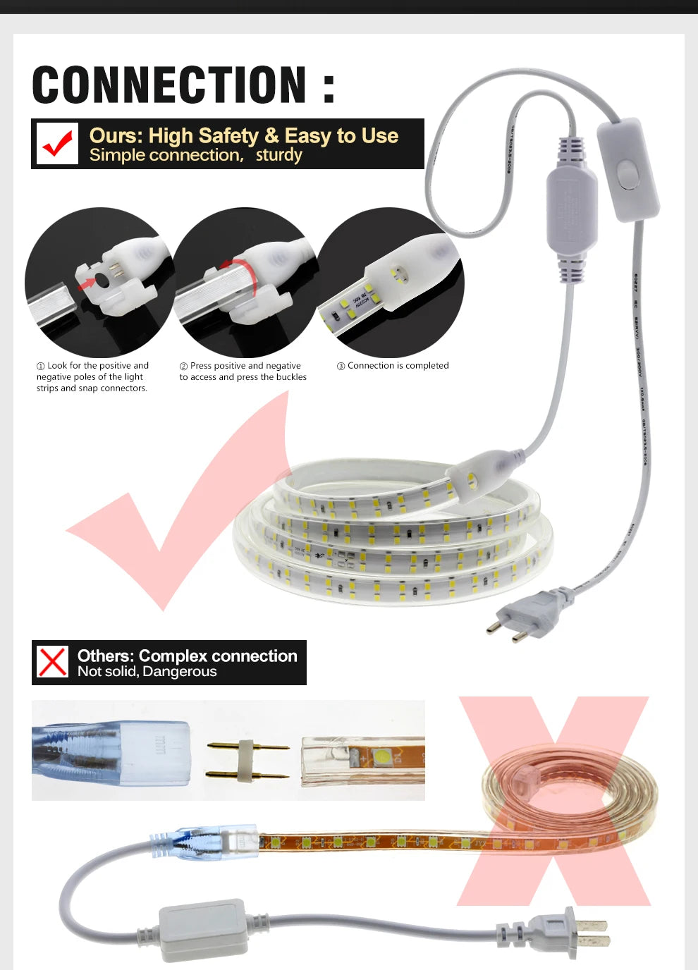 220V LED Strip 2835 High Safety High Brightness 180LEDs/m3000K 4000K 6000K Flexible LED Light Outdoor Waterproof LED Strip Light