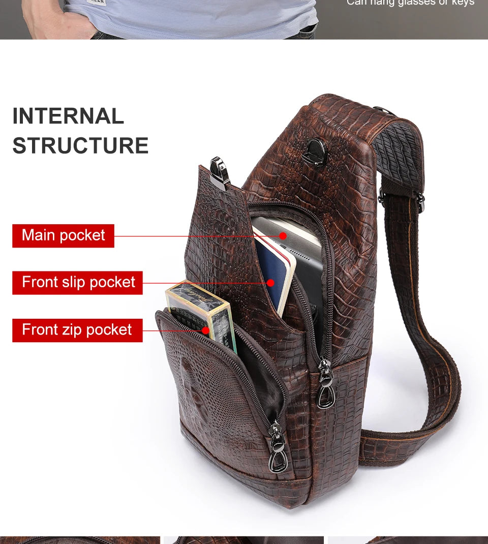 WESTAL Genuine Leather Sling Bag Anti-Thief Crossbody Personal Pocket Bag Chest Shoulder Bag for Travel Hiking Croco Design Bags