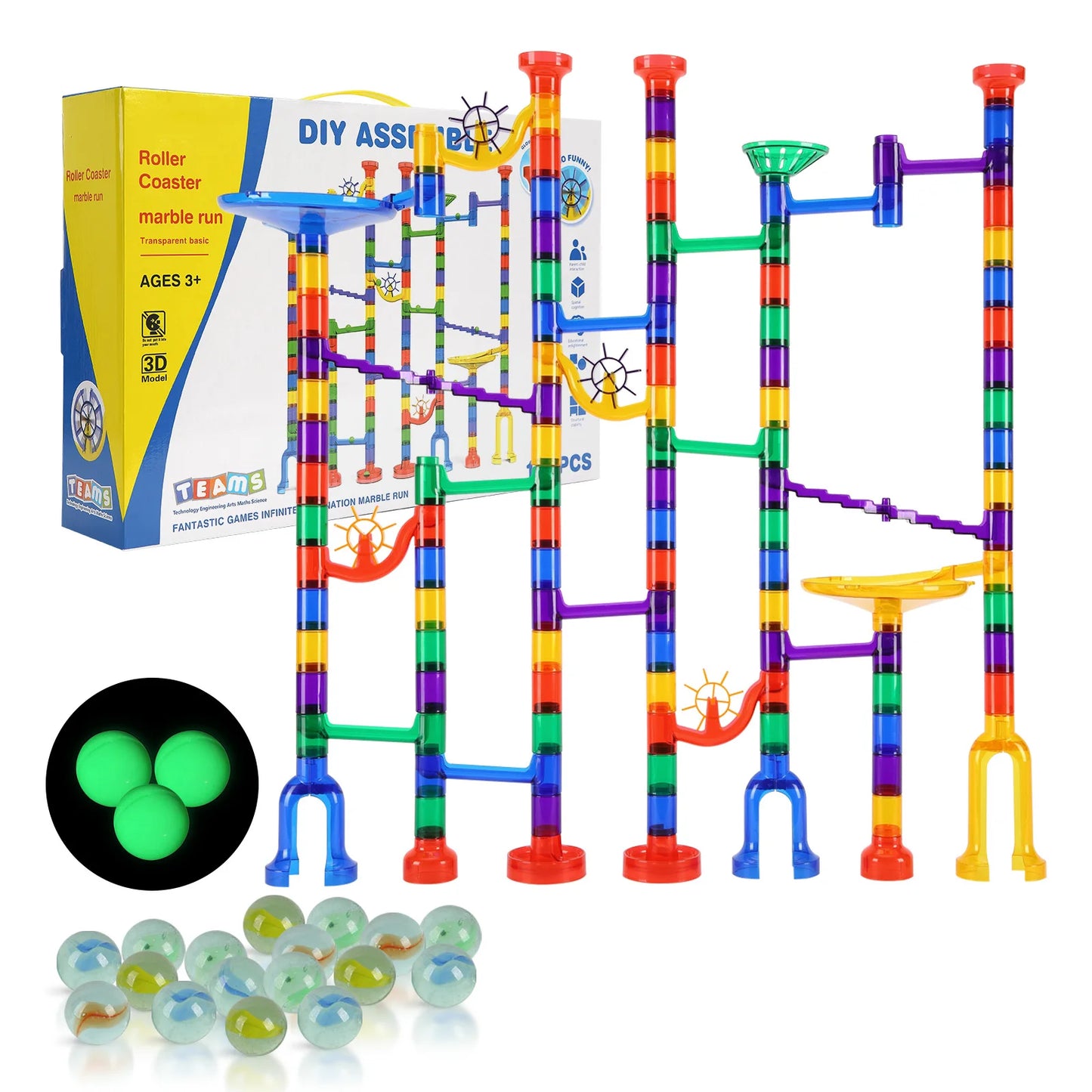 SucceBuy 150PCs Marble Run Set Marble Maze Building Block Brain Game 10 Glow in the Dark Marbles +40 Glass Marbles Track Toys