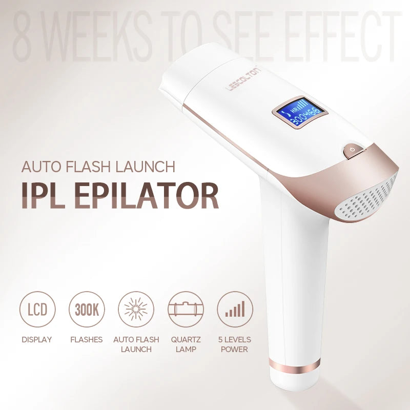 Lescolton IPL hair removal epilator features an auto flash launch, LCD display, and five power levels for effective hair removal.