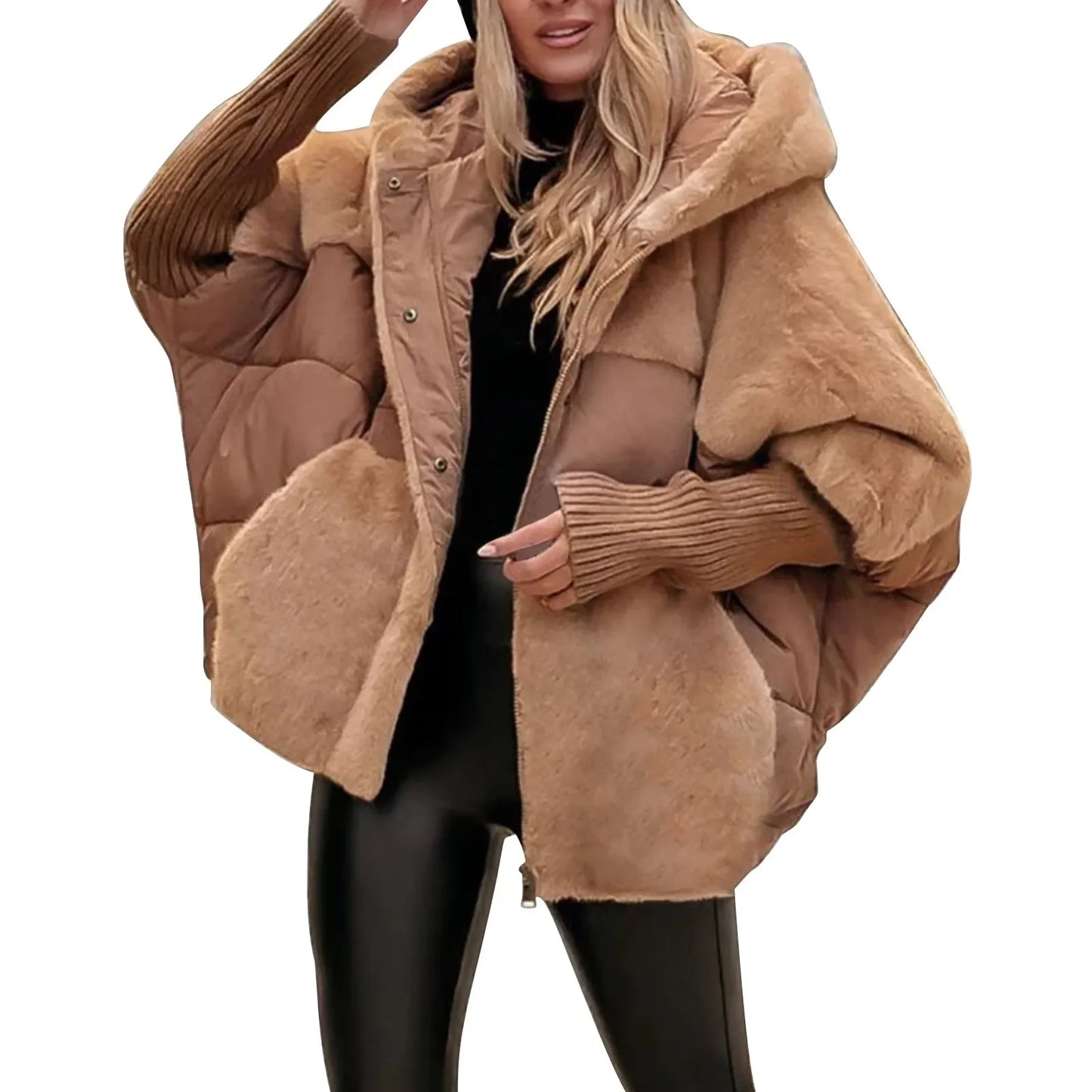 Women's Loose Cotton Coat Faux Fur Patchwork Winter Coat Comfort Chic Long Sleeve Hooded Jacket