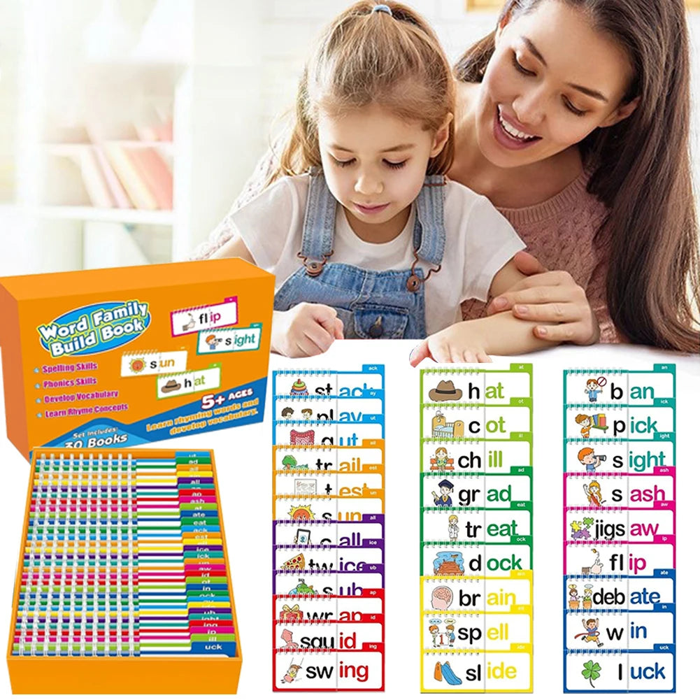 30 Read and Rhyme Flip Books Vocabulary Flash Cards Word Reading Flip Book Letter ABC Vocabulary Cards Educational Reading Game