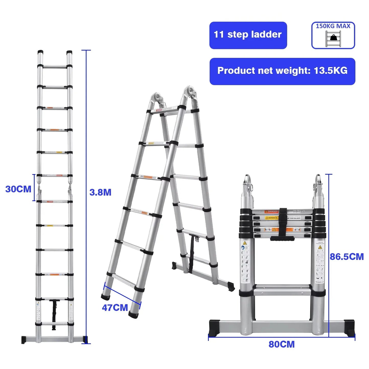 3.8M/5M Portable Folding Ladder ,Household  Telescopic A-Frame & Vertical Ladder , Aluminum & Stainless Steel, No Slip,150kg