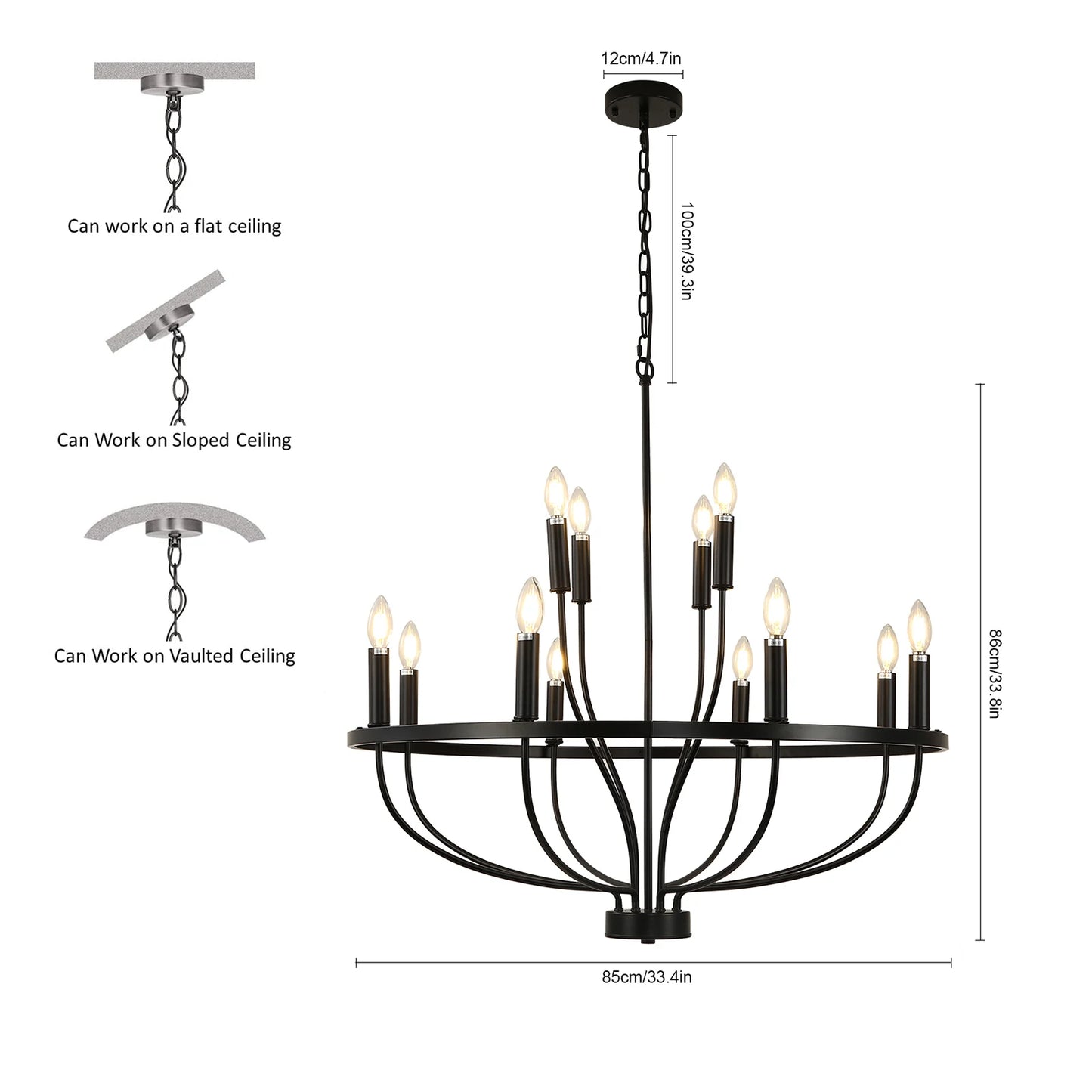 12-Light Black Chandelier Diam 33.46 Inch, Farmhouse Industrial Country Style Large Round Pendant Light Fixture for Dining Room