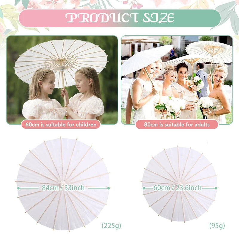 60/84cm Paper Parasol White Chinese Oil Paper Umbrellas Photography Props for Kids DIY Baby Shower Party Bridal Wedding Rustic