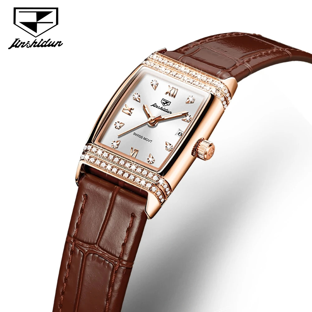 JSDUN Woman Watch Luxury Diamond Dial Comfortable Leather Watchband Fashion Square Rose Gold Quartz Wristwatches Montre Femme