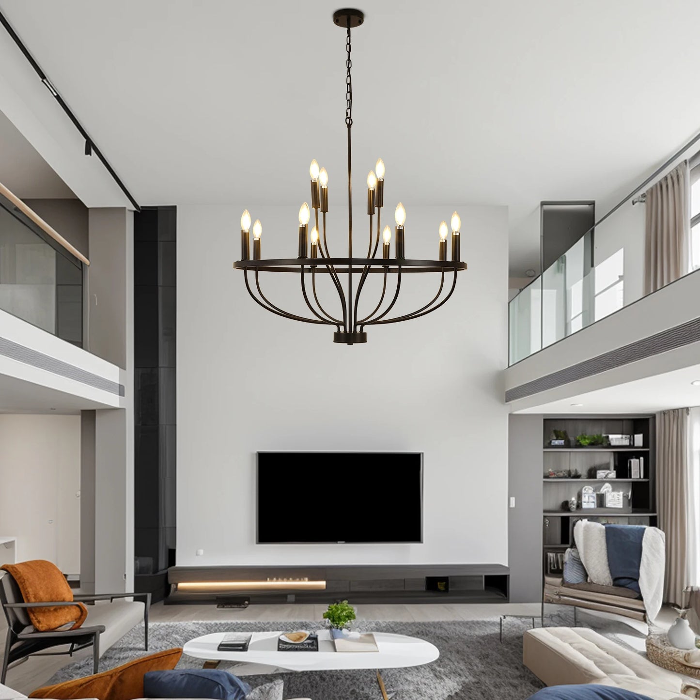12-Light Black Chandelier Diam 33.46 Inch, Farmhouse Industrial Country Style Large Round Pendant Light Fixture for Dining Room