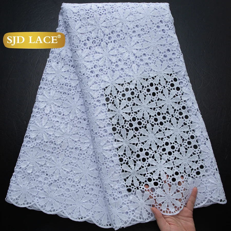 SJD LACE African Sequins Guipure Cord Lace Fabrics 5 Yards White 2026 New Nigerian Water Soluble Lace For Women Dresses Sew 4197
