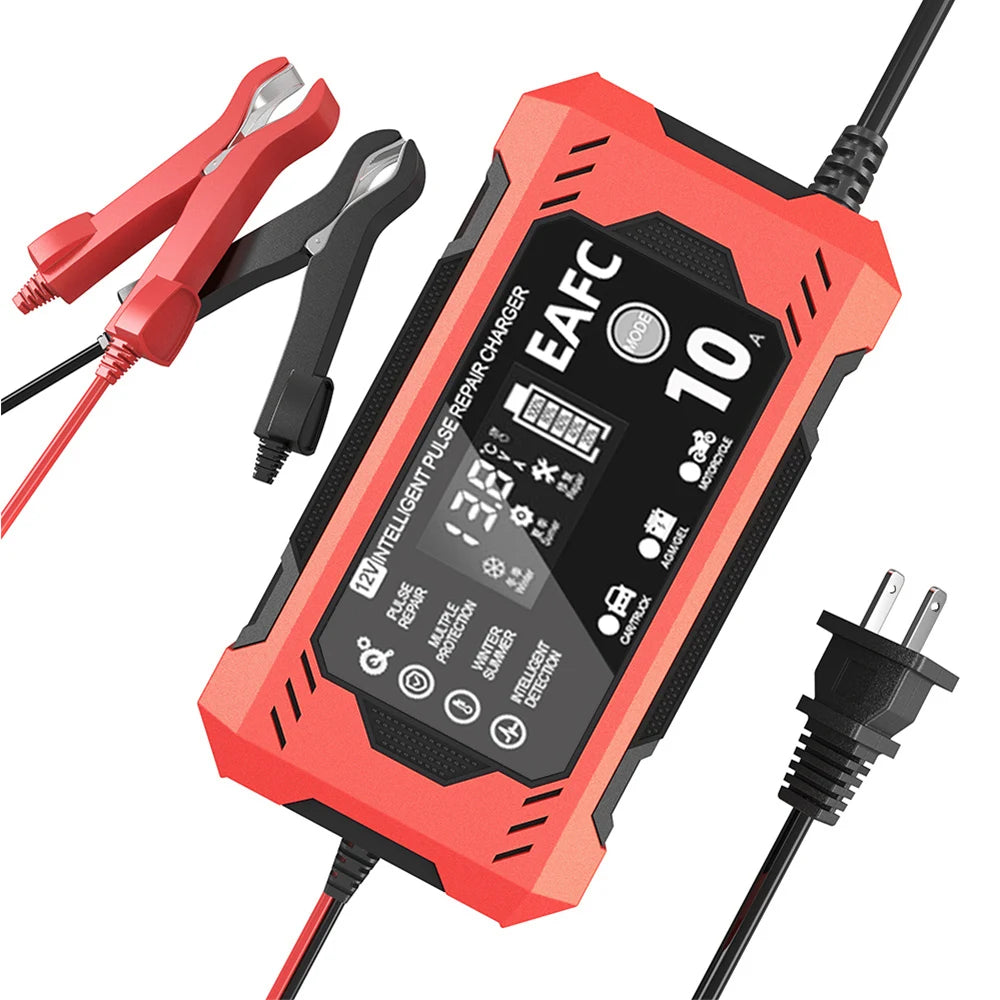 EAFC 12V 10A Car Battery Charger 6A Full Smart Charger Pulse Repair LCD Display Fast Charging Car Motorcycle AGM Gel Wet