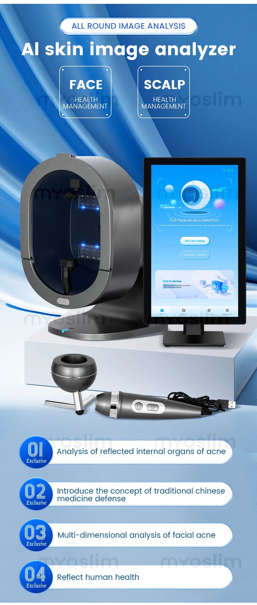 X5 3D Ai Skin Image Analyzer 21.5 inch High Definition Pixels Whole Facial Scanning Multi Spectrum Moisture Scalp Detection CE