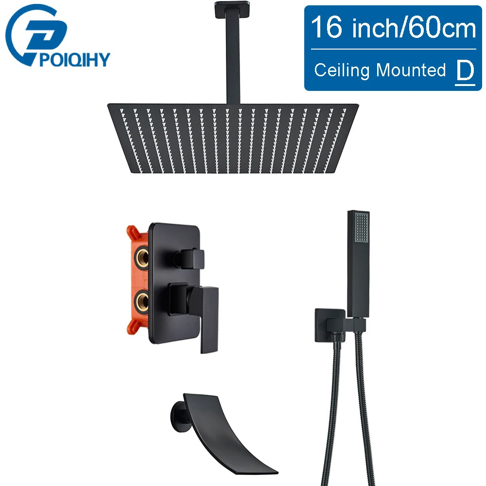 POIQIHY Embedded In Wall Shower Faucet Rainfall Stainless Steel 8/10/12/16" Shower Head Faucet Shower Tap Mixers Matte Black