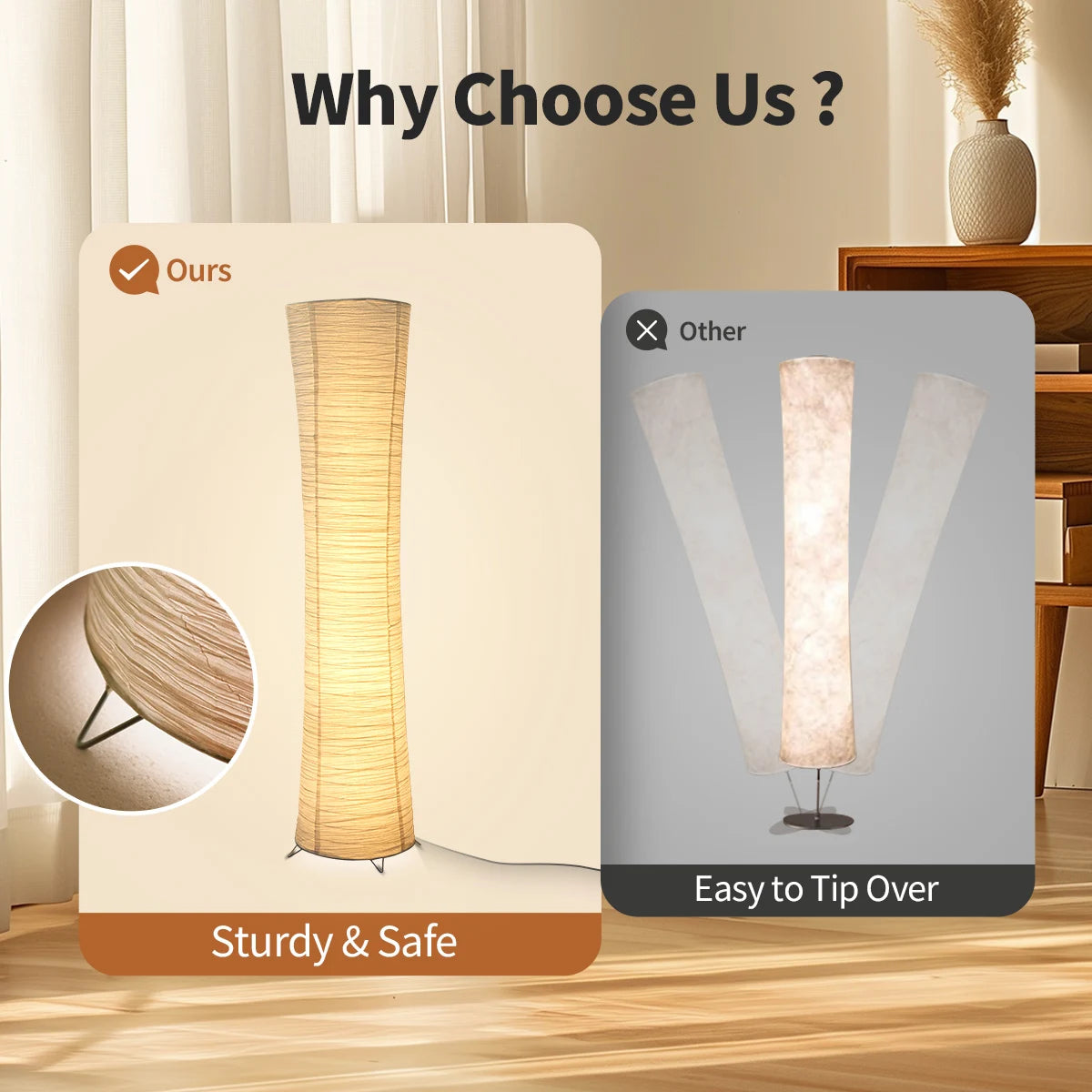 Paper floor lamp, paper and chrome-plated standing lamp, LED light strip, living room and bedroom decoration, festival lantern,