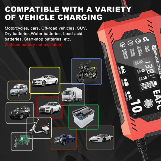 EAFC 12V 10A Car Battery Charger 6A Full Smart Charger Pulse Repair LCD Display Fast Charging Car Motorcycle AGM Gel Wet