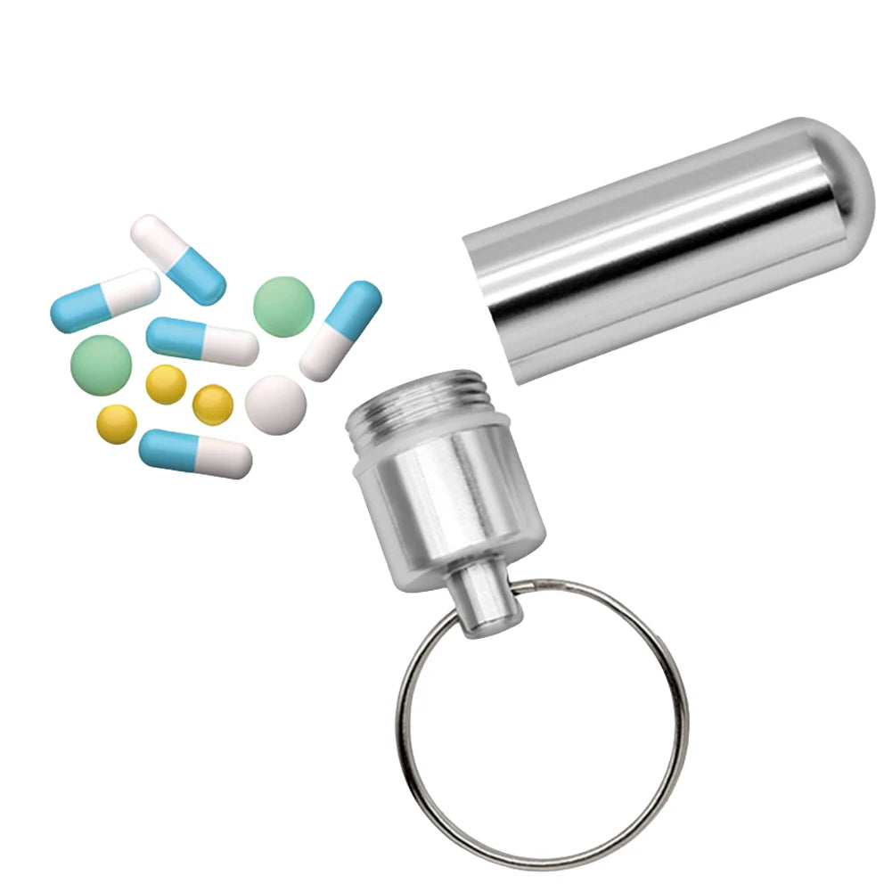 Keychain Pill Box Case Bottle Portable Waterproof Elderly First Aid Pill Case Aluminum Alloy for Outdoor Travel Camping