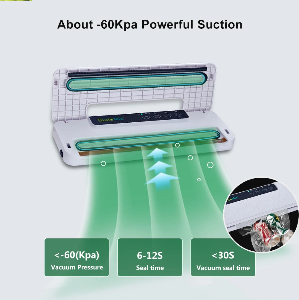 BioloMix Automatic Food Vacuum Sealer Wet or Dry Food Saver Packing Machine with 10pcs free bags for Sous Vide White/Black W230
