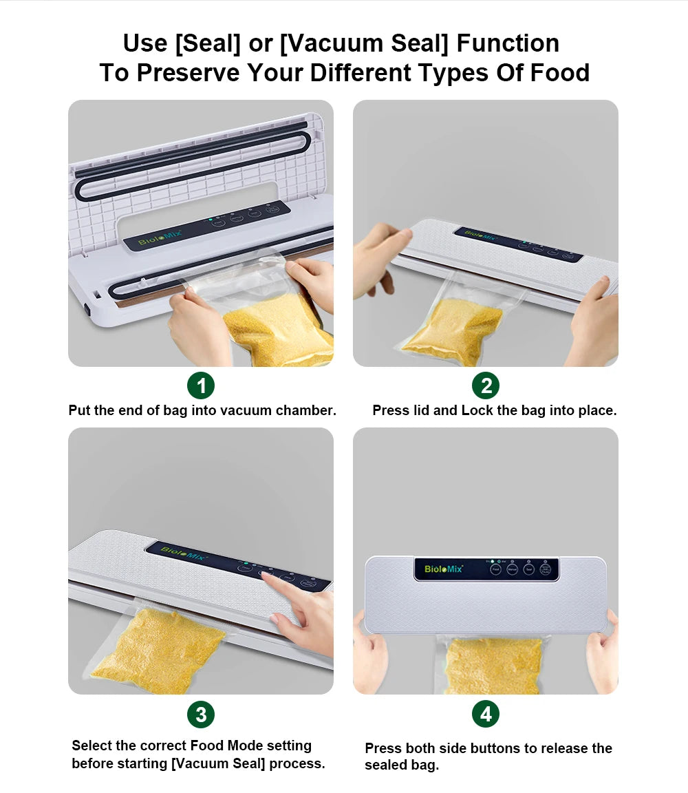 BioloMix Automatic Food Vacuum Sealer Wet or Dry Food Saver Packing Machine with 10pcs free bags for Sous Vide White/Black W230