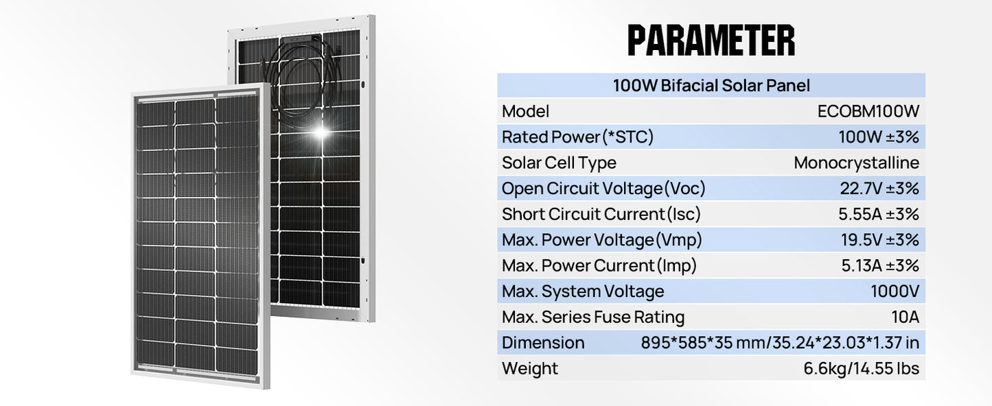 ECO-WORTHY Bifacial 100 Watt 12 Volt Solar Panel Monocrystalline Rigid High-Efficiency PV Module Power Charger for Sunsheds,Rvs