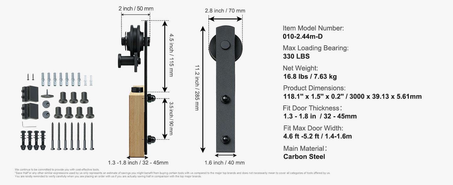 SucceBuy 8/10FT Sliding Barn Door Hardware Kit 330LBS Heavy Duty Barn Door Track Kit for Double Doors W/ Smooth & Silent Pulley