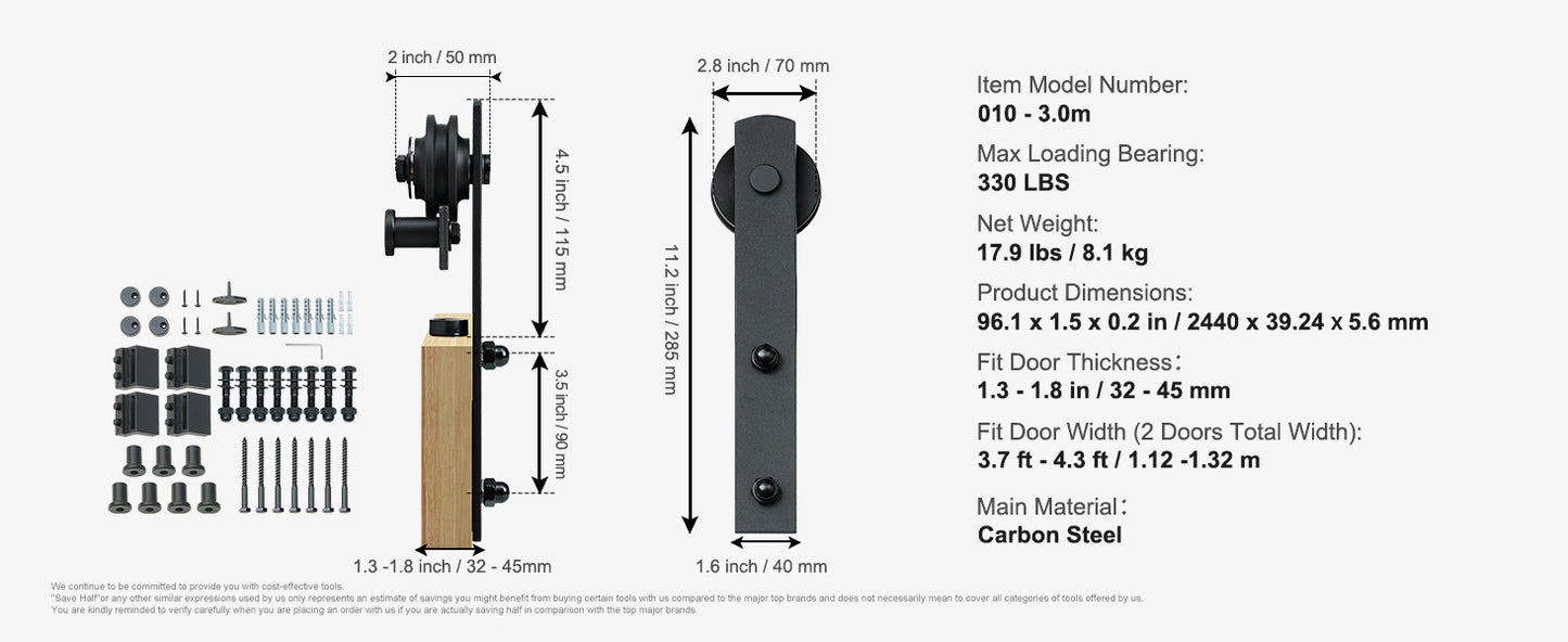 SucceBuy 8/10FT Sliding Barn Door Hardware Kit 330LBS Heavy Duty Barn Door Track Kit for Double Doors W/ Smooth & Silent Pulley