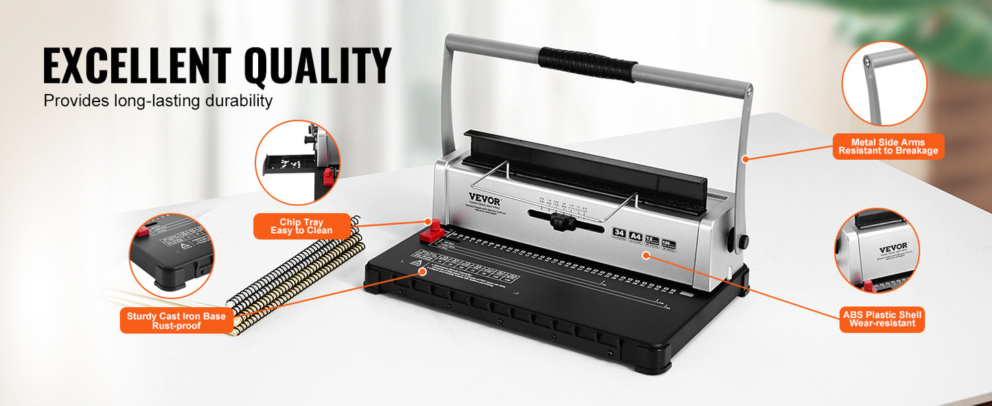 SucceBuy Coil Spiral Binding Machine Manual Book Maker 34-Holes Binding 120 Sheets Punch Binder w/ Adjustable Coil Binding Spine
